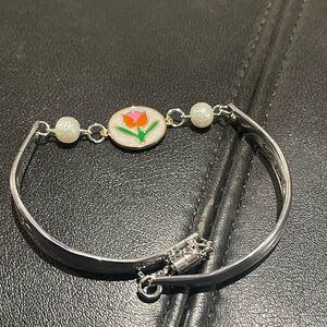 Silver and Red Floral Charm Bracelet